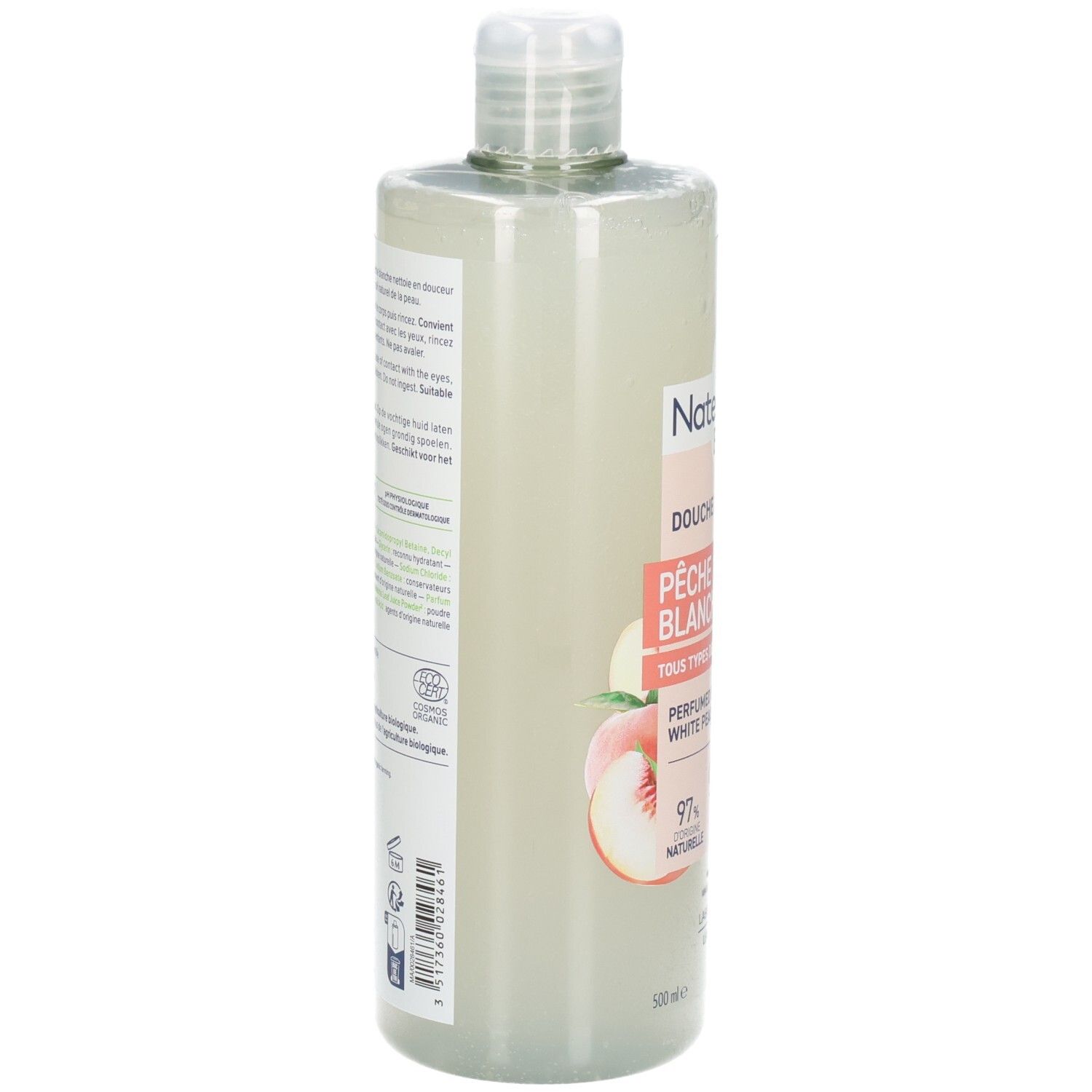 Douche parfumée Natessance Pêche Blanche: Vue latérale du flacon transparent avec motif pêche.