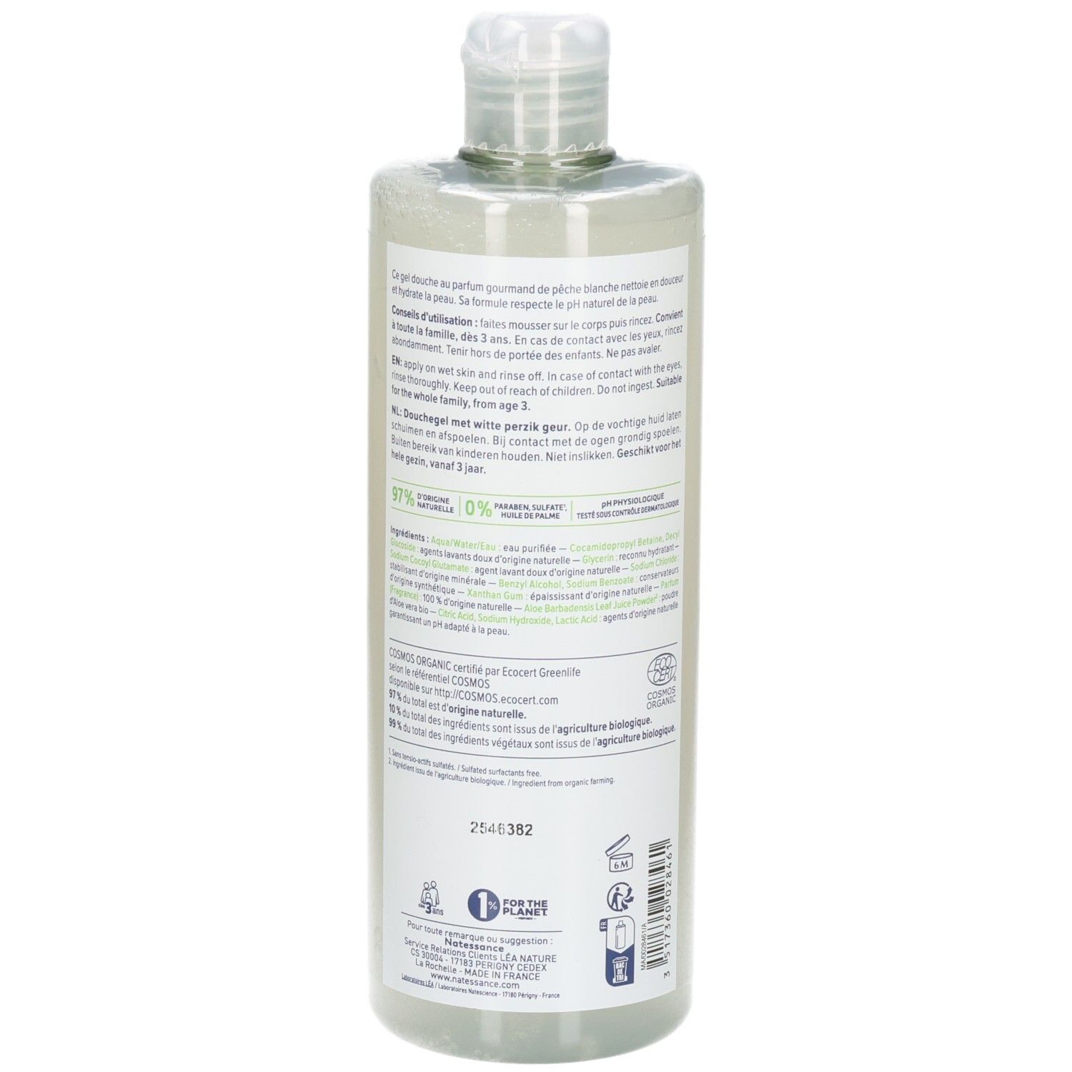 Douche parfumée Natessance Pêche Blanche: Arrière du flacon avec ingrédients et label bio.