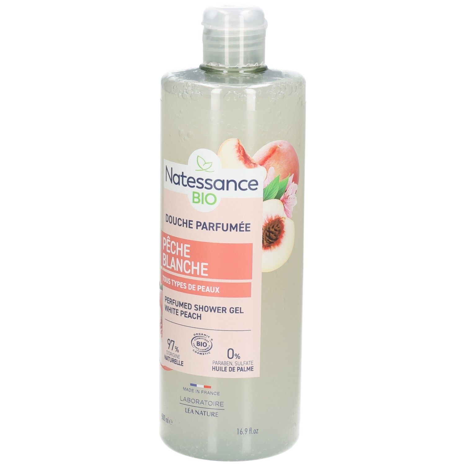 Douche parfumée Natessance Pêche Blanche: Flacon avec motif pêche et étiquette. 500ml.