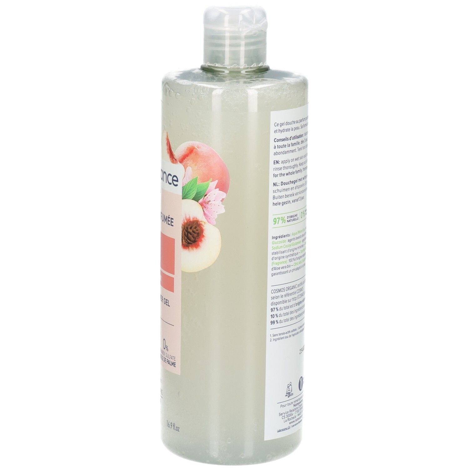 Douche parfumée Natessance Pêche Blanche: Vue latérale du flacon avec motif pêche et étiquette.