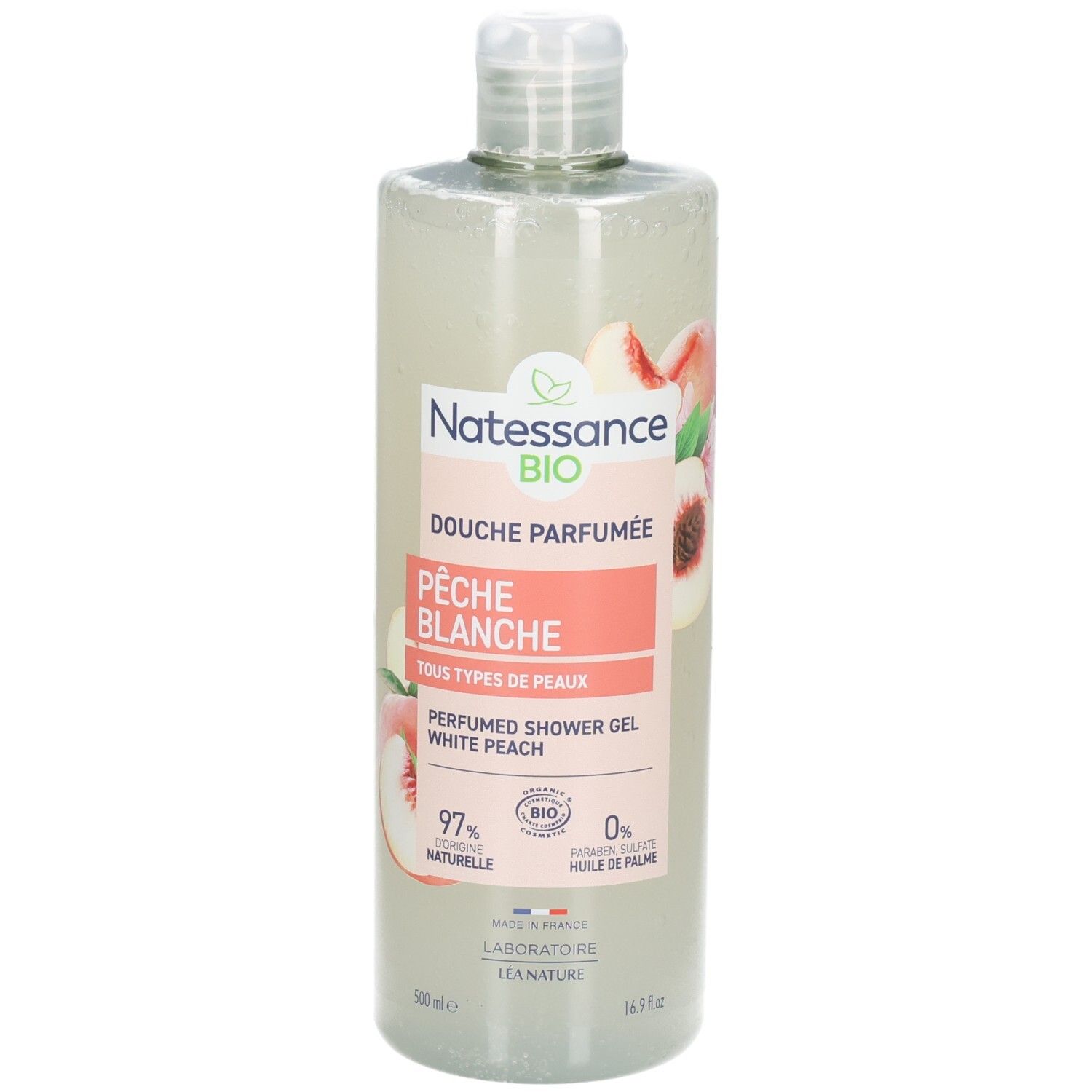 Douche parfumée Natessance Pêche Blanche: Vue de face du flacon avec motif pêche. 500ml.