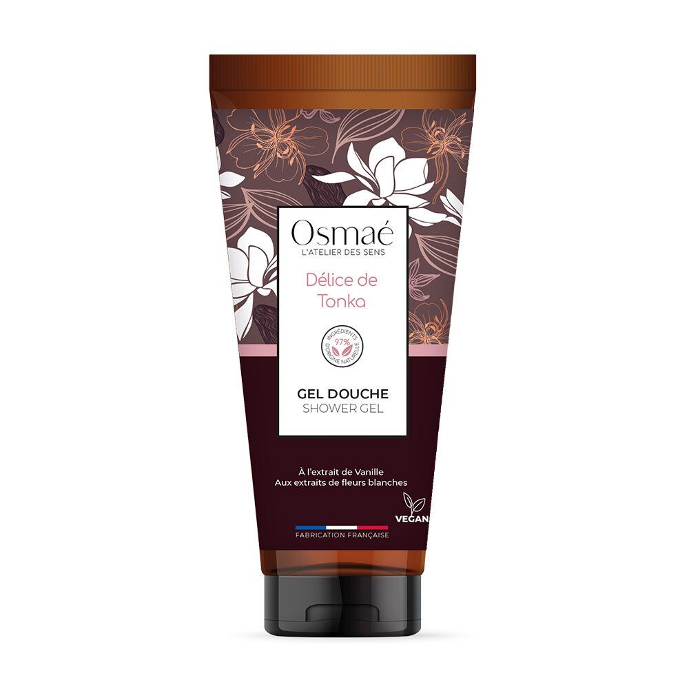 Tube de gel douche floral. Inscriptions: Osmaé, Délice de Tonka, Gel Douche. Label végan. Fabrication française.