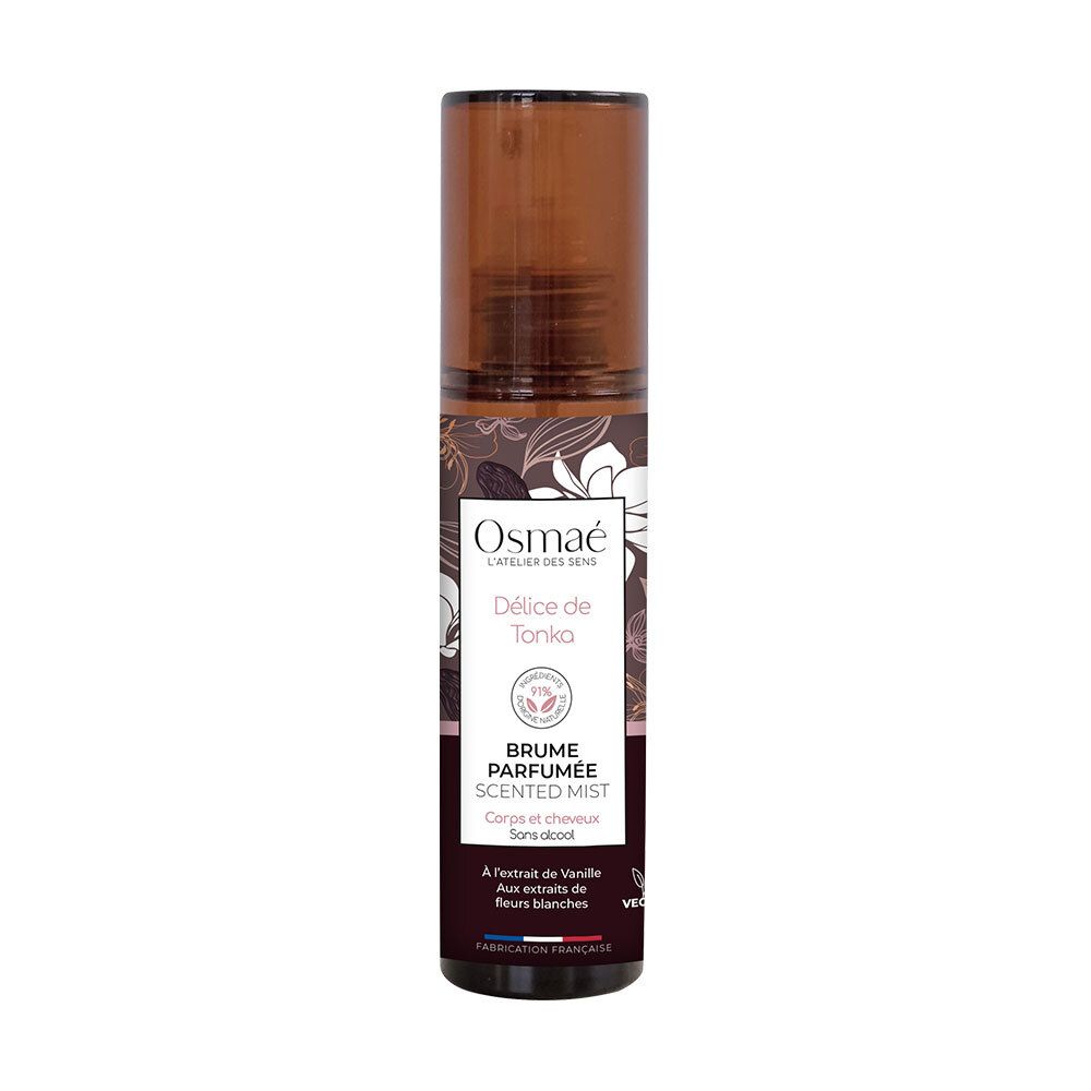 Flacon spray marron avec motif floral. Texte: OSMAE, Délice de Tonka, Brume Parfumée, Scented Mist. Label Vegan.