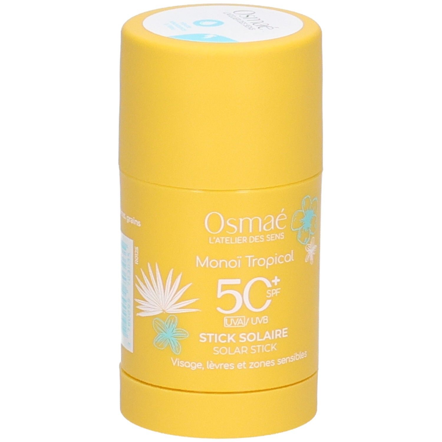 Stick solaire jaune SPF 50+ parfum Monoi Tropical. Pour visage, lèvres et zones sensibles.
