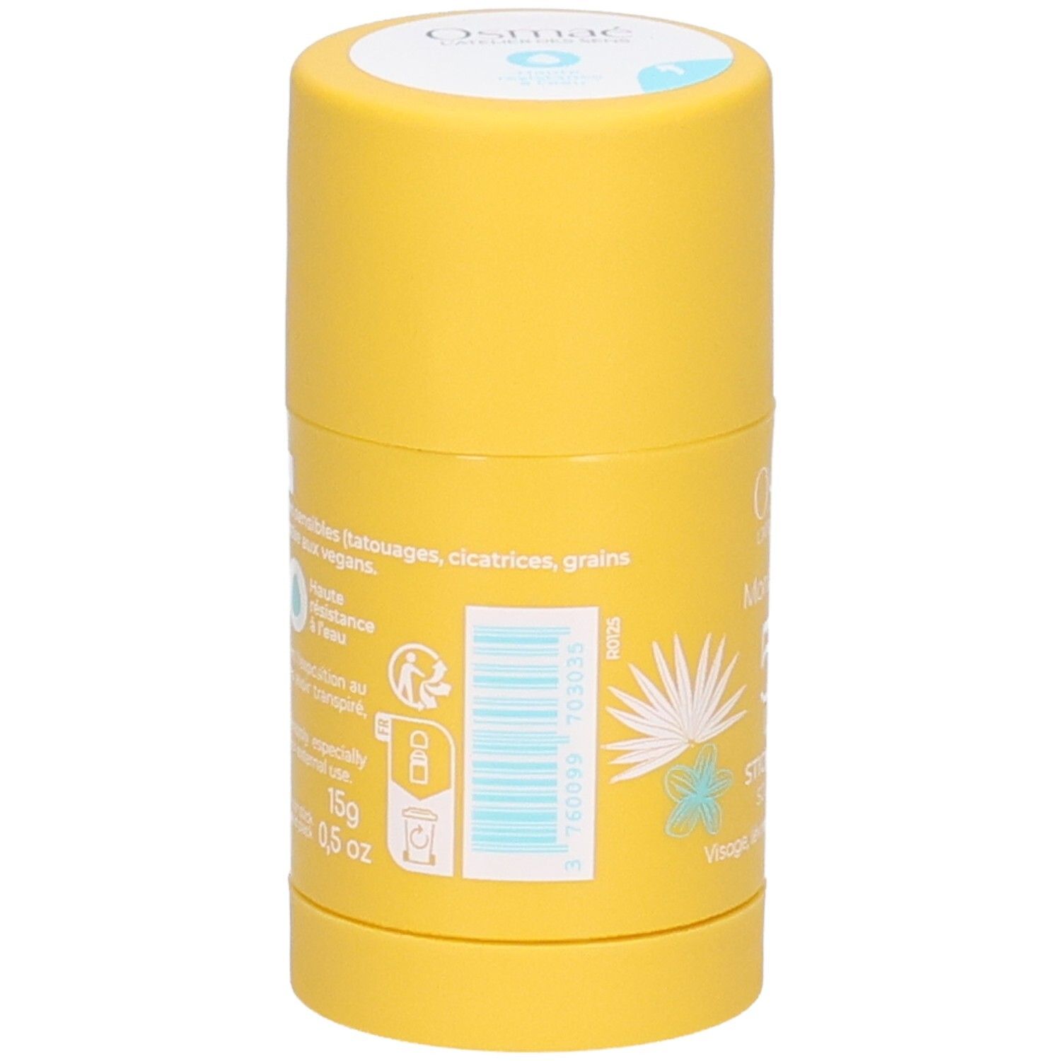 Arrière d'un stick solaire jaune avec informations produit et code-barres. 15g / 0,5 oz.