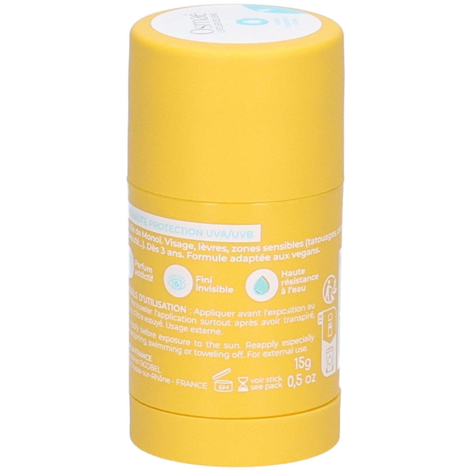 Stick solaire jaune avec instructions d'utilisation détaillées et ingrédients. Fabriqué en France.