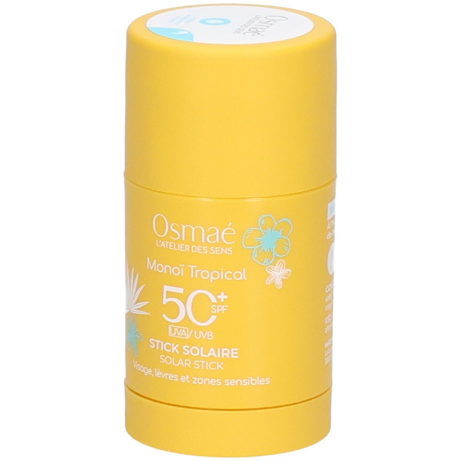 Stick solaire jaune SPF 50+ parfum Monoi Tropical. Pour visage, lèvres et zones sensibles.