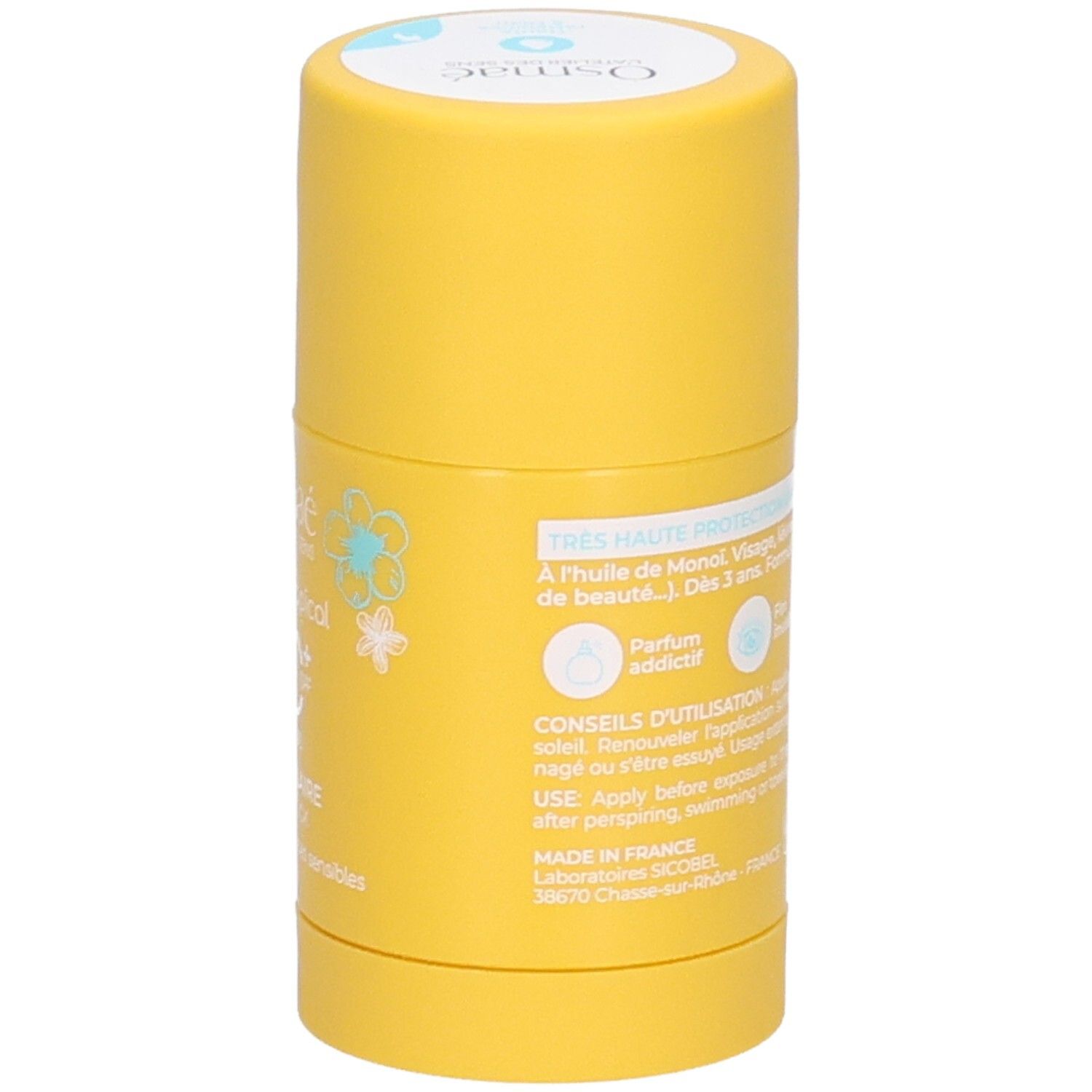 Stick solaire jaune avec informations sur la haute protection UVA/UVB et l'huile de Monoi. Fabriqué en France.