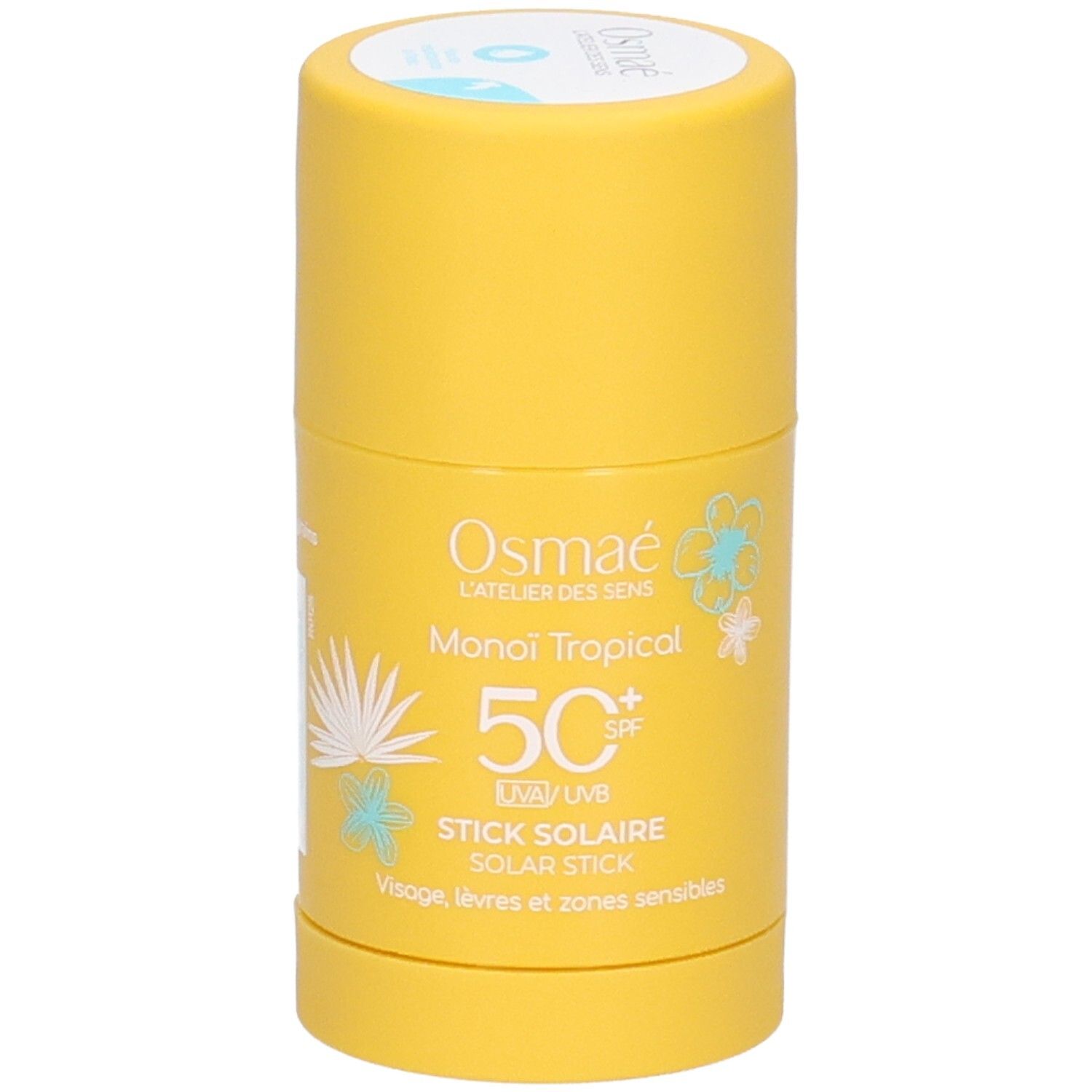 Stick solaire jaune SPF 50+ parfum Monoi Tropical. Pour visage, lèvres et zones sensibles.
