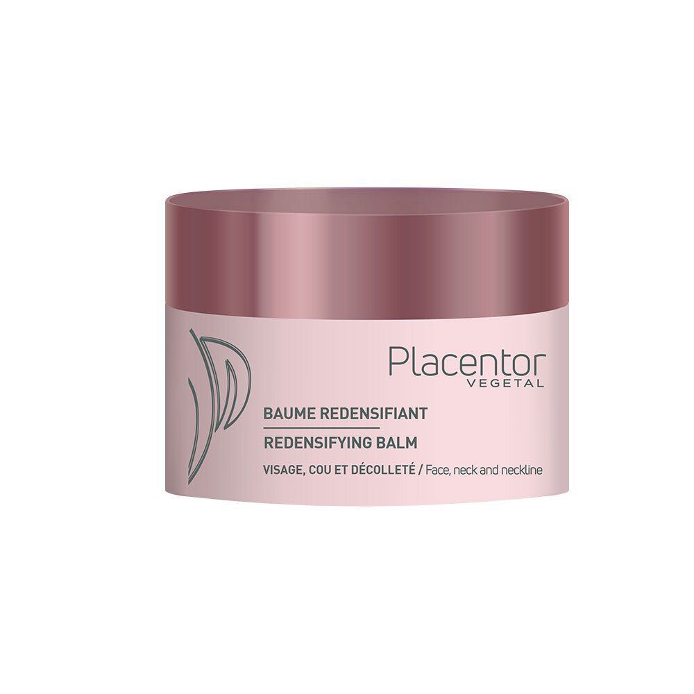 Pot rose avec couvercle rose. Inscription: Placenter Vegetal, Baume Redensifiant, visage, cou et décolleté.