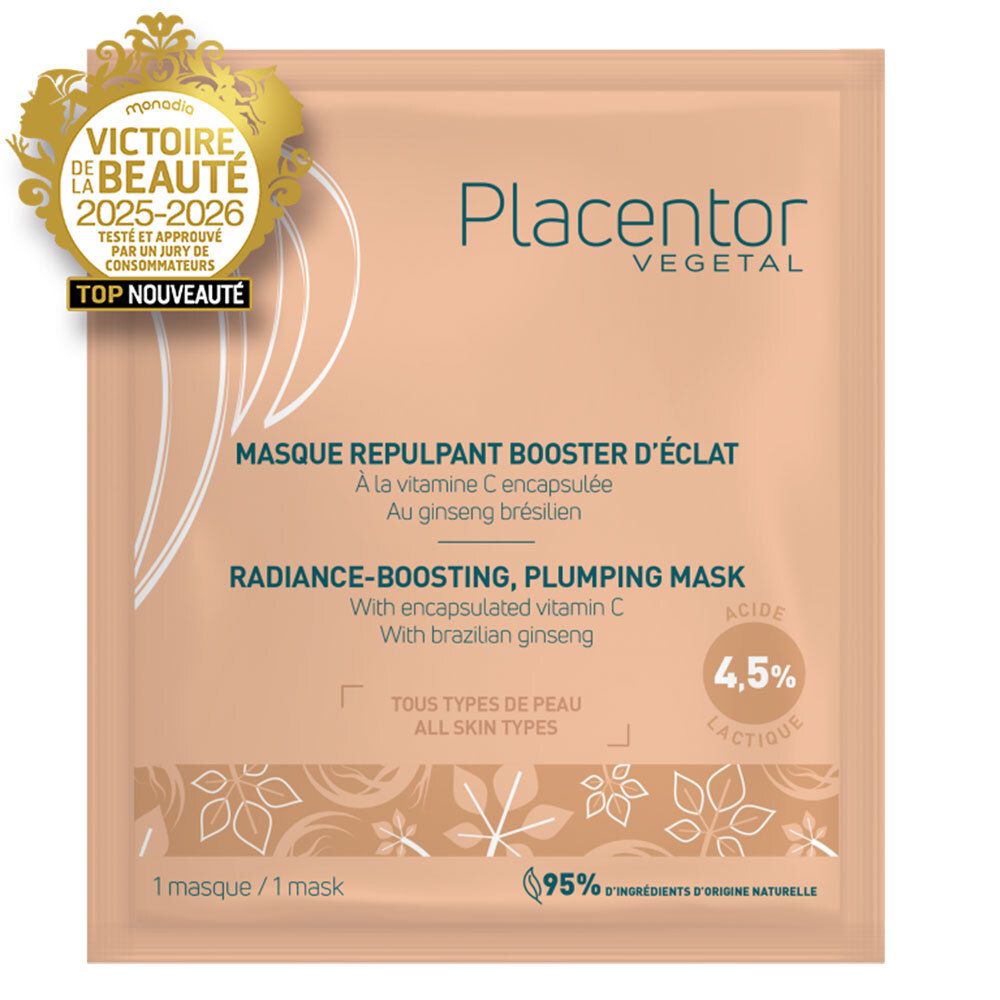 Sachet individuel beige avec label. Texte: PLACENTOR VEGETAL, Masque Repulpant Booster d'Éclat, 4,5% Lactique. 1 masque. 95% ingrédients d'origine naturelle.