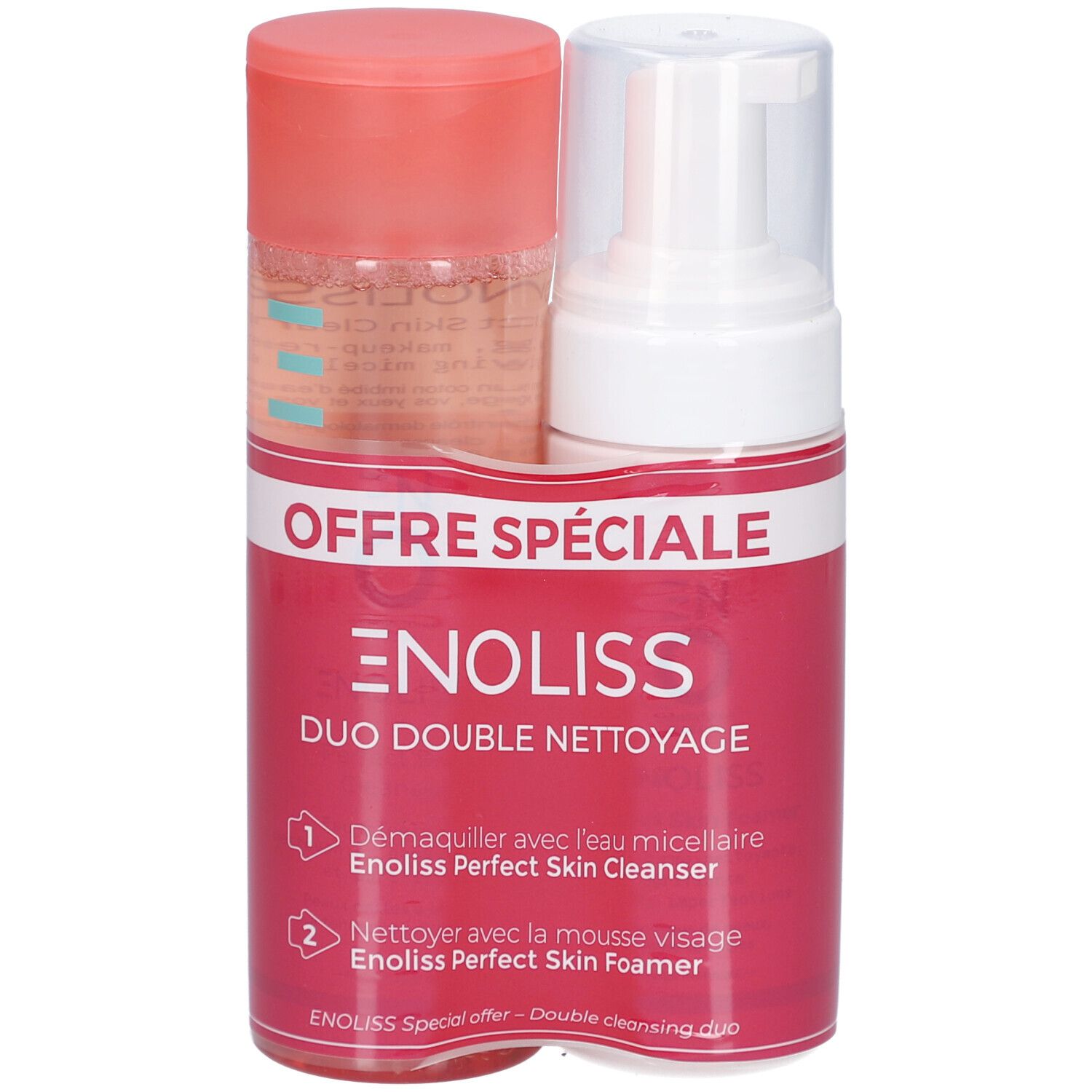 Enoliss Duo Double Nettoyage. Deux flacons dans un emballage. Rose et blanc. Texte: Offre Spéciale, Enoliss, Duo Double Nettoyage.