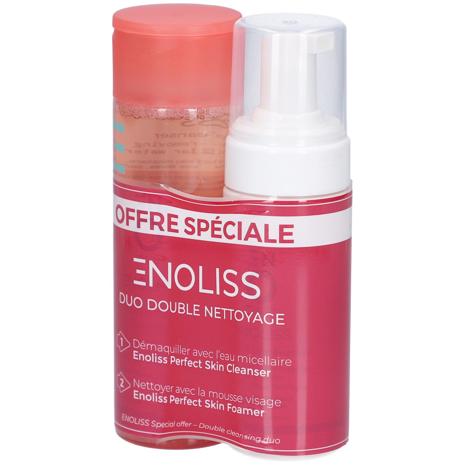 Enoliss Duo Double Nettoyage. Deux flacons dans un emballage. Rose et blanc. Texte: Offre Spéciale, Enoliss, Duo Double Nettoyage.