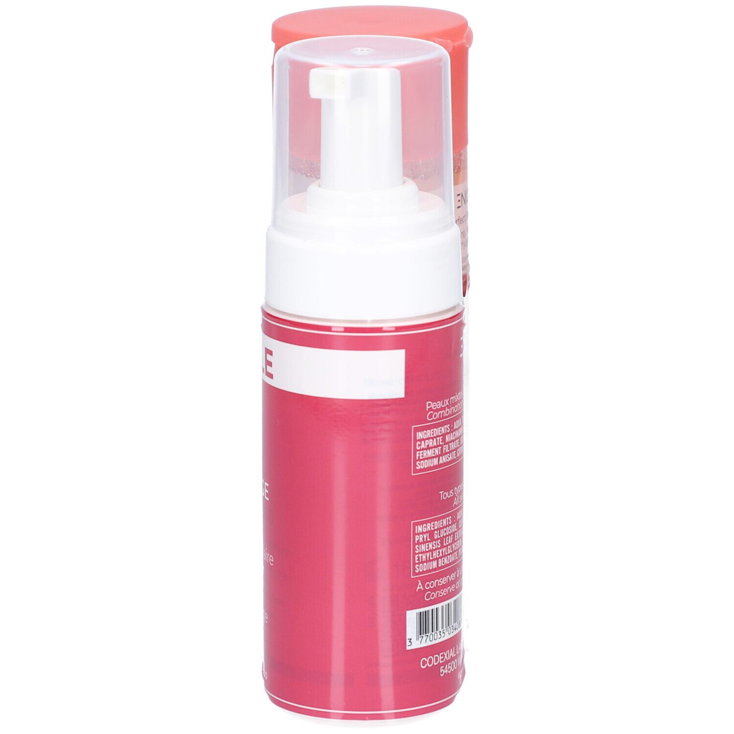 Flacon Enoliss blanc. Texte: Enoliss, Foamer. Étiquette avec ingrédients et instructions. Bouchon transparent.