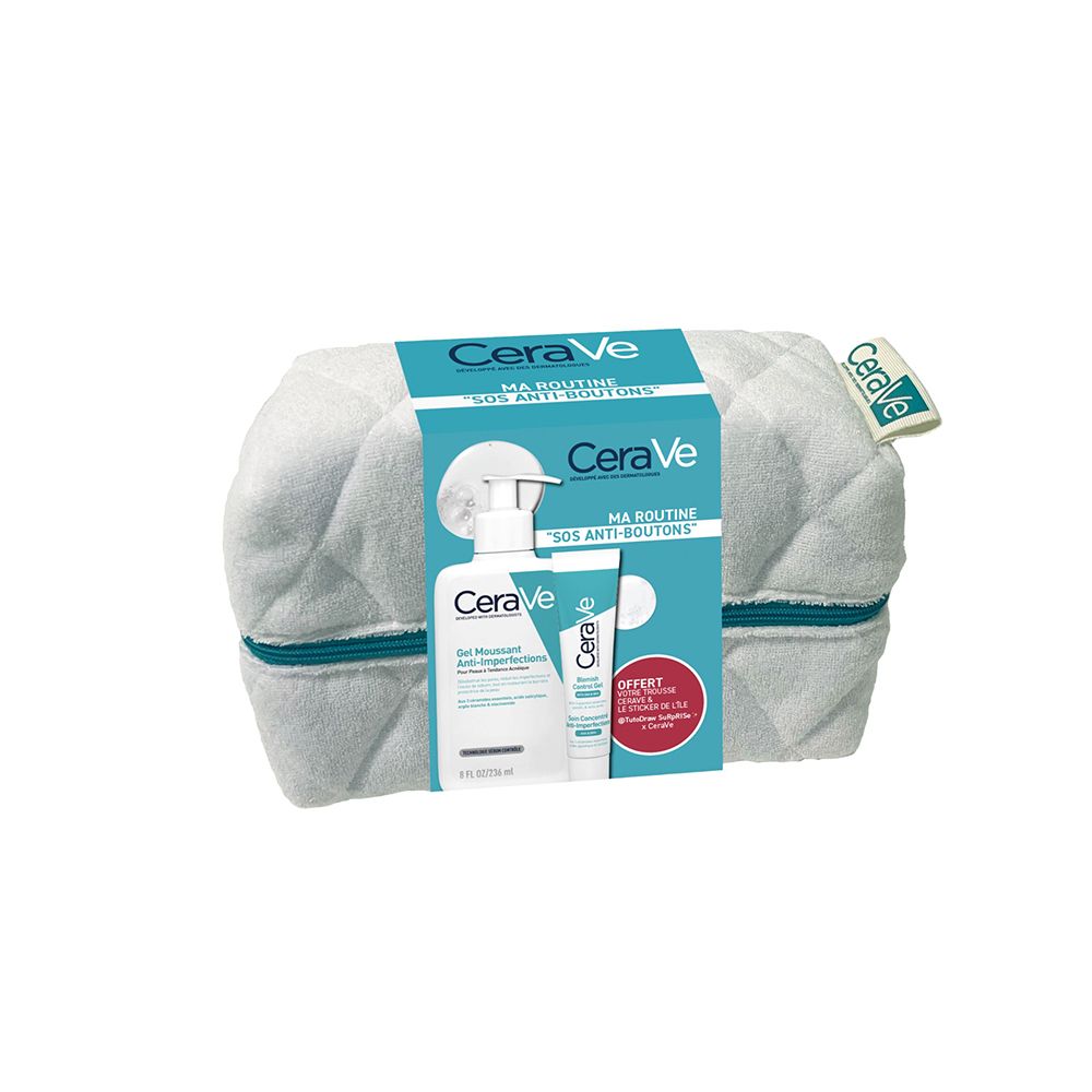 Trousse de toilette avec produits CeraVe. Contient deux produits et une étiquette. Inscription : Ma Routine SOS Anti-Boutons.
