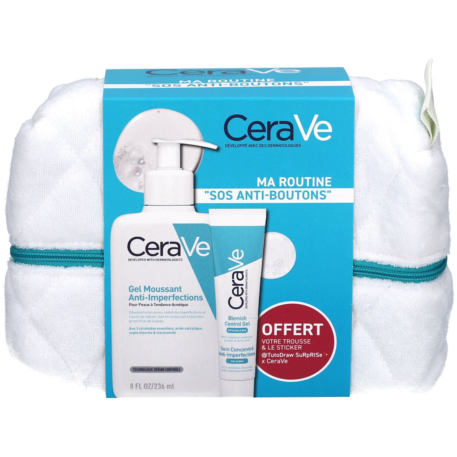 Coffret cadeau avec serviette blanche et emballage bleu. Contient des produits CeraVe : gel moussant et crème anti-imperfections.