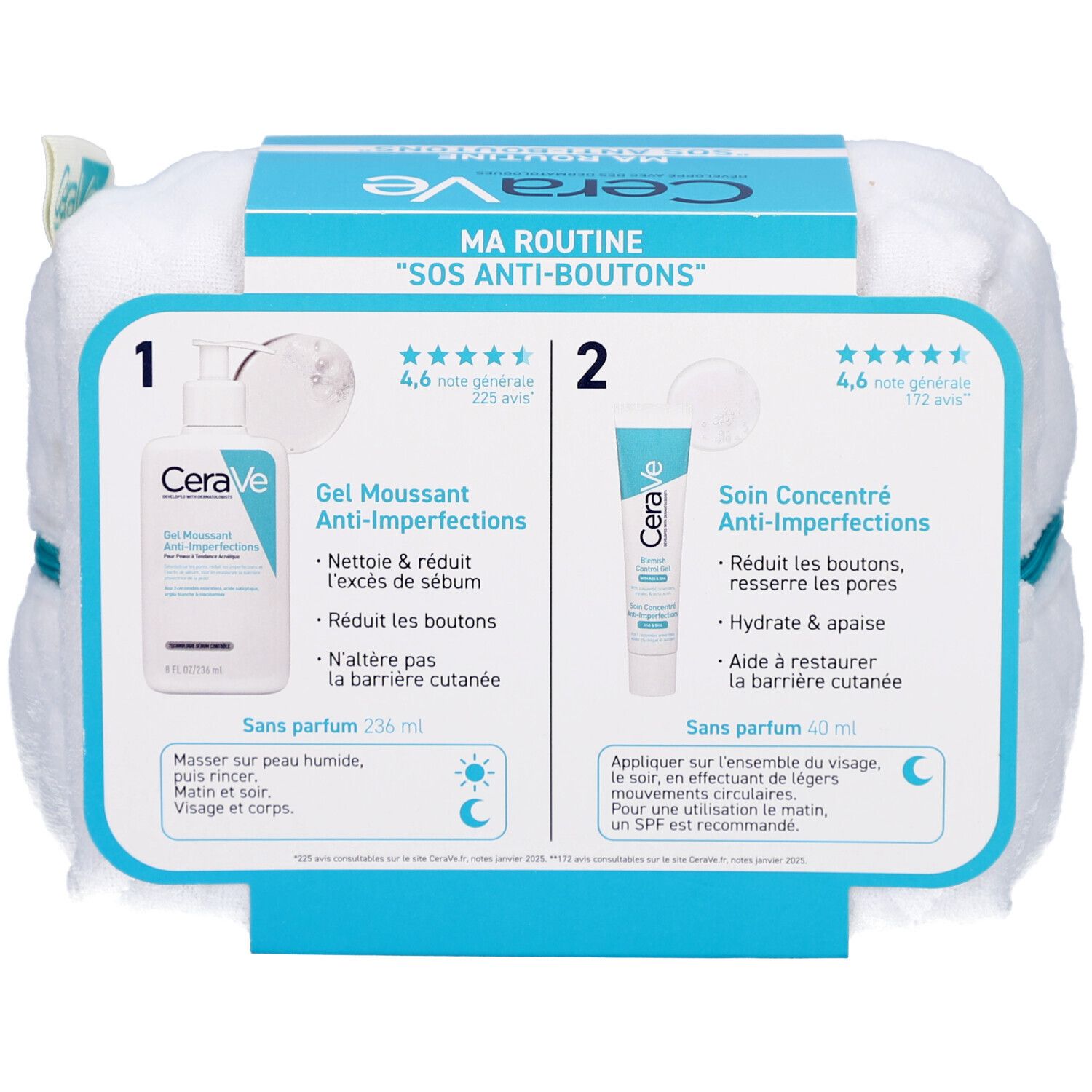 Dos de l'emballage avec informations sur le produit. Montre le gel nettoyant et la crème anti-imperfections CeraVe avec instructions.