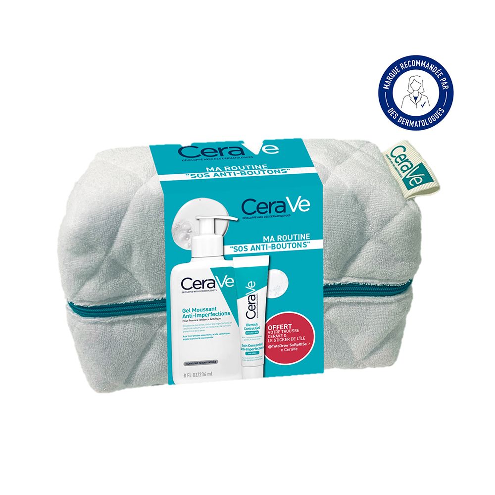 Trousse de toilette avec produits CeraVe. Contient deux produits et une étiquette. Inscription : Ma Routine SOS Anti-Boutons.