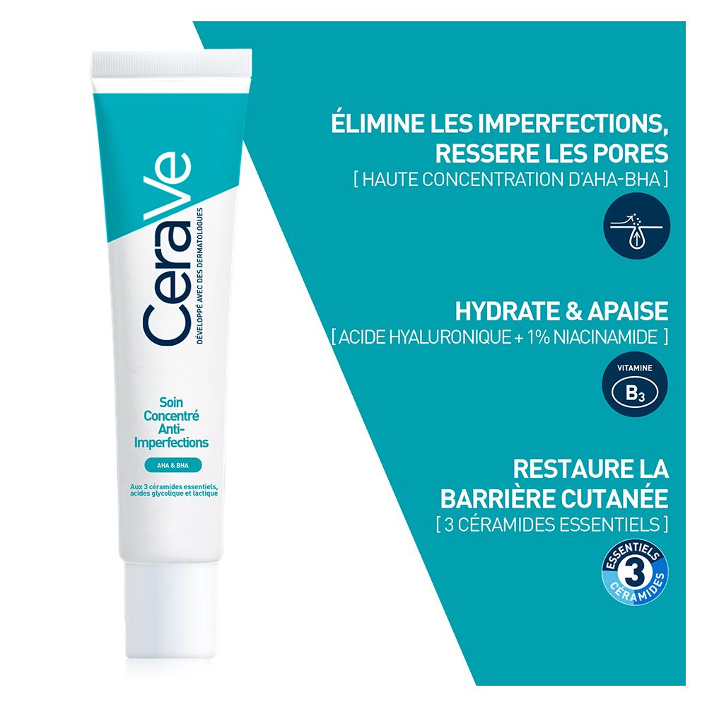 Tube de concentré CeraVe. Inscription : Soin Concentré Anti-Imperfections. Texte : Élimine les imperfections, resserre les pores.