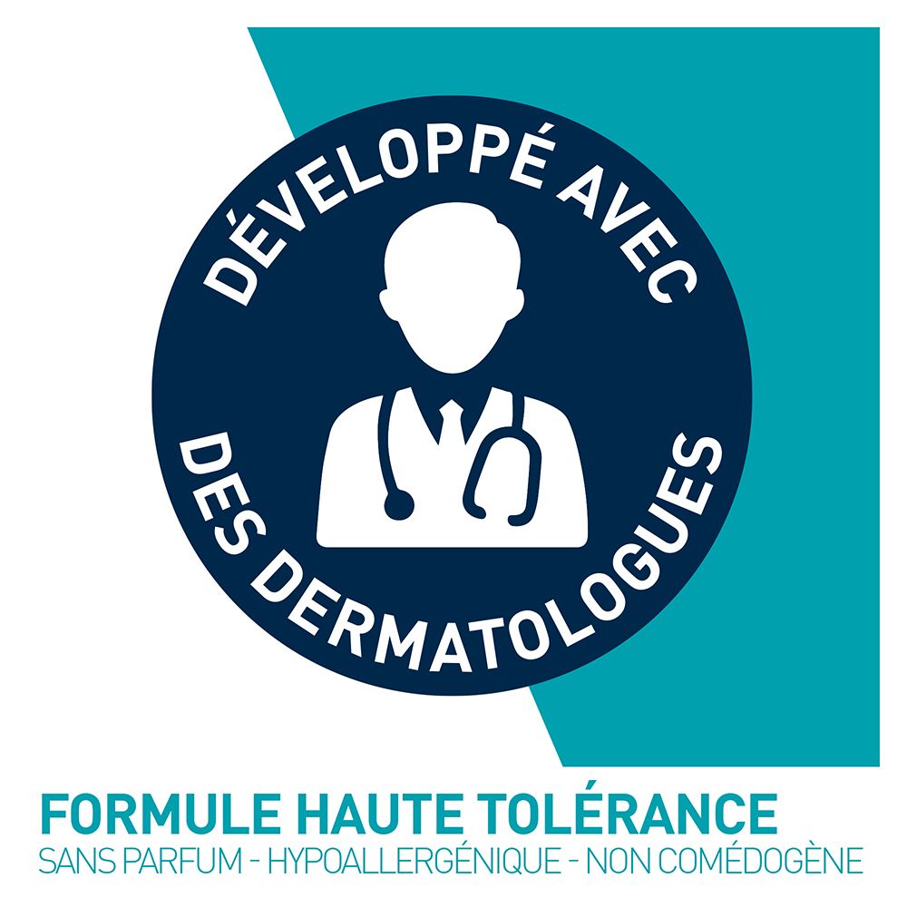 Logo avec texte : Développé avec des dermatologues. Formule haute tolérance, sans parfum, hypoallergénique, non comédogène.