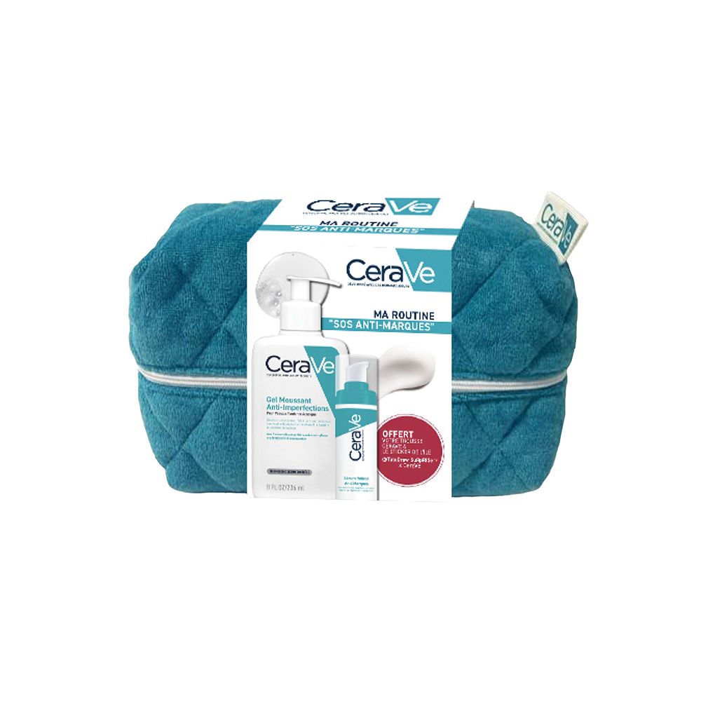 Trousse turquoise avec produits CeraVe. Contient Gel Moussant et Sérum. Emballé avec étiquette.