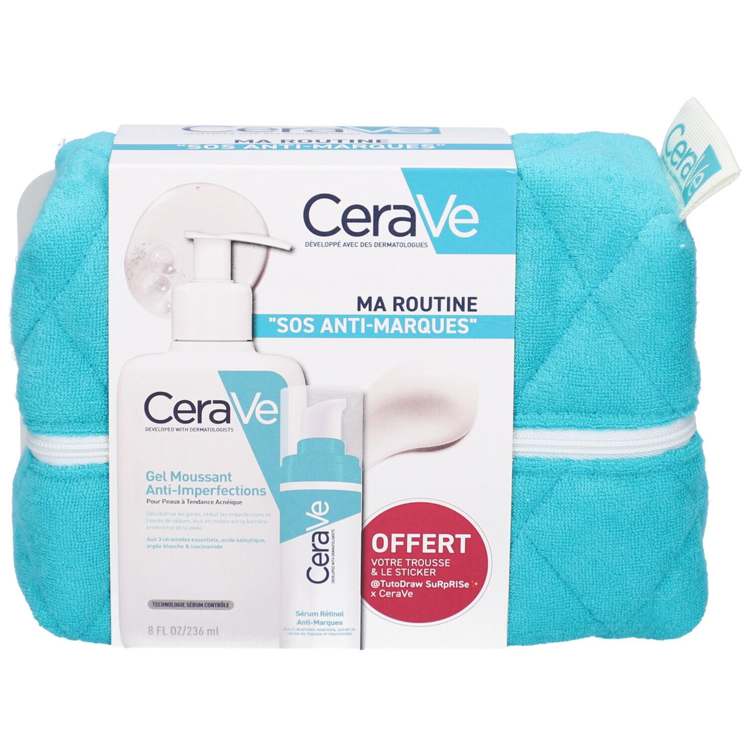 Coffret CeraVe avec gel moussant, sérum et gant de toilette bleu. Texte : "Ma Routine SOS Anti-Marques". Offre sticker.