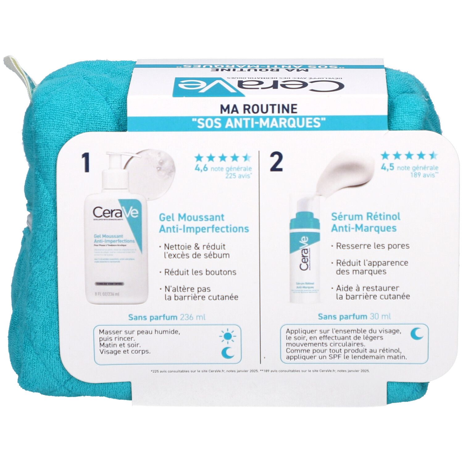 Dos de l'emballage CeraVe avec informations produits. Gel moussant et sérum. Texte : "Ma Routine SOS Anti-Marques".