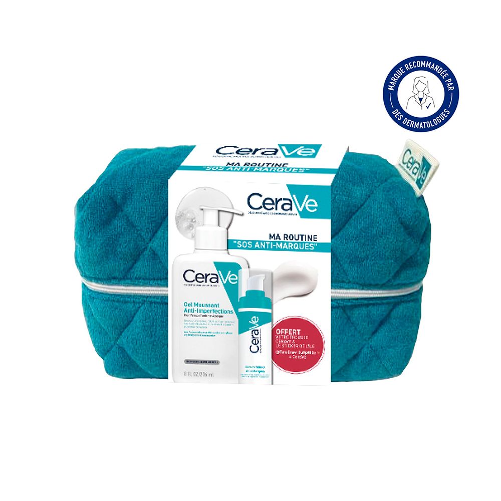 Trousse turquoise avec produits CeraVe. Contient Gel Moussant et Sérum. Avec sceau dermatologues.