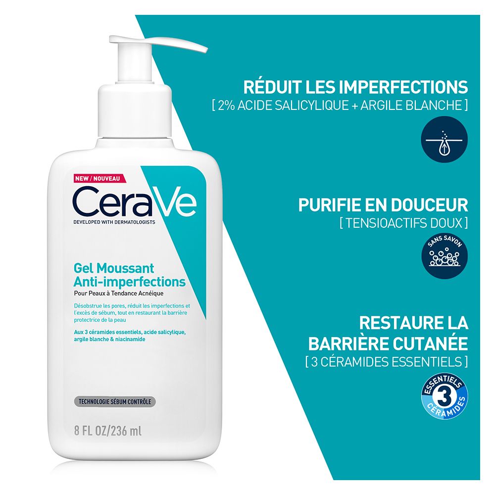 CeraVe Gel Moussant Anti-Imperfections. Flacon blanc, étiquette bleue. Texte : 2% acide salicylique, argile.