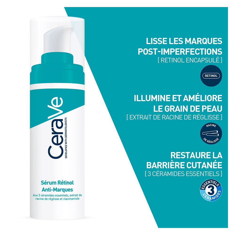 CeraVe Sérum Rétinol Anti-Marques. Flacon blanc, étiquette bleue. Texte : Rétinol, 3 céramides essentiels.
