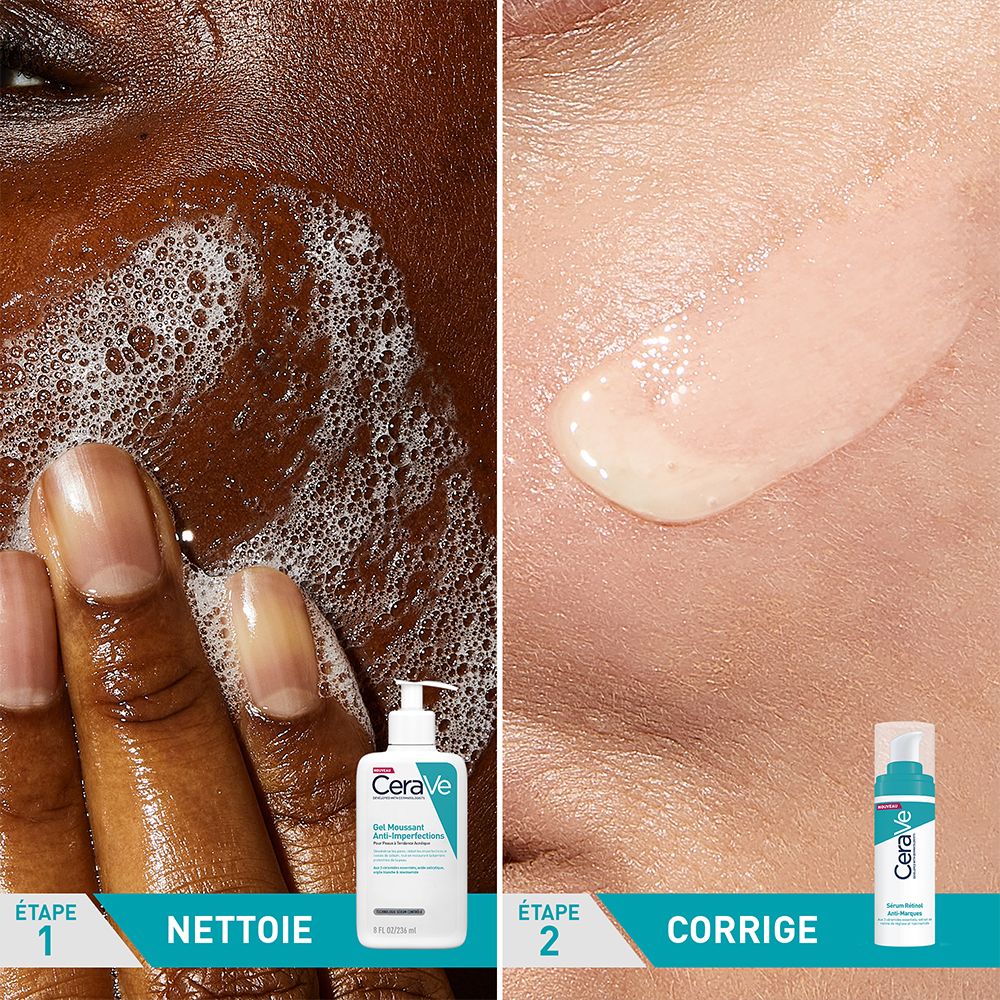Mains nettoyant le visage avec CeraVe Gel Moussant Anti-Imperfections. Étape 2 : application du sérum.
