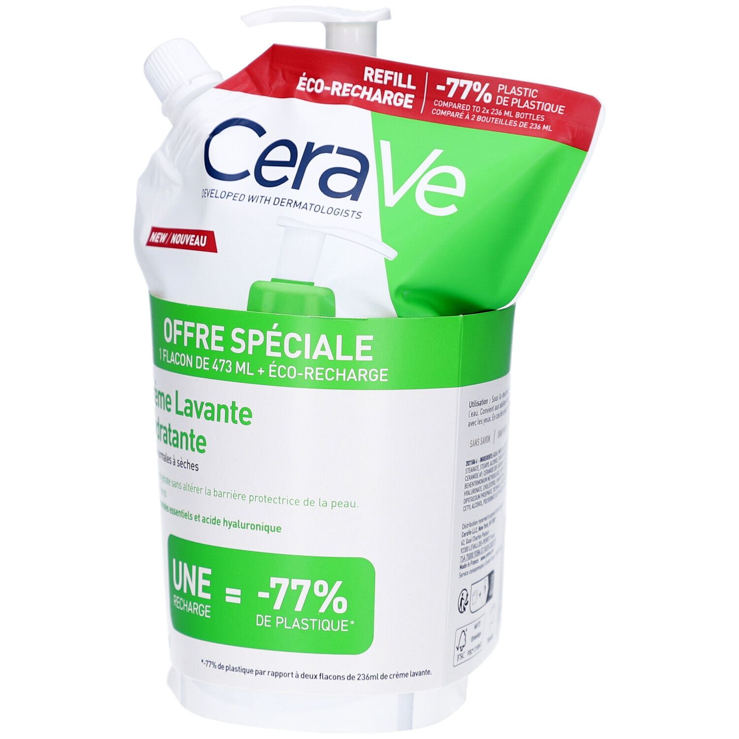 CeraVe Crème Lavante Hydratante et recharge. Flacon blanc avec pompe, emballage vert et rouge.