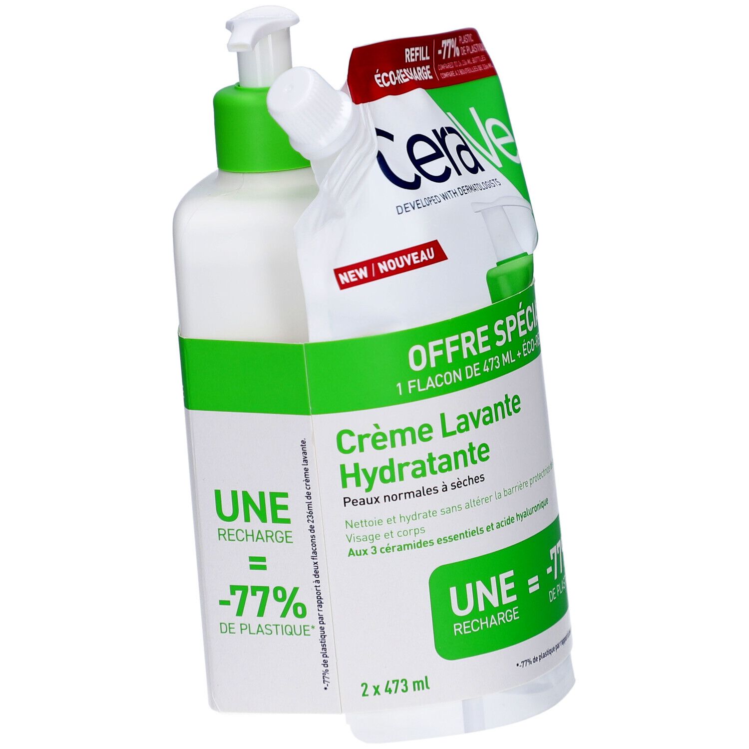 CeraVe Crème Lavante Hydratante et recharge. Flacon pompe et recharge. Accents verts et rouges.