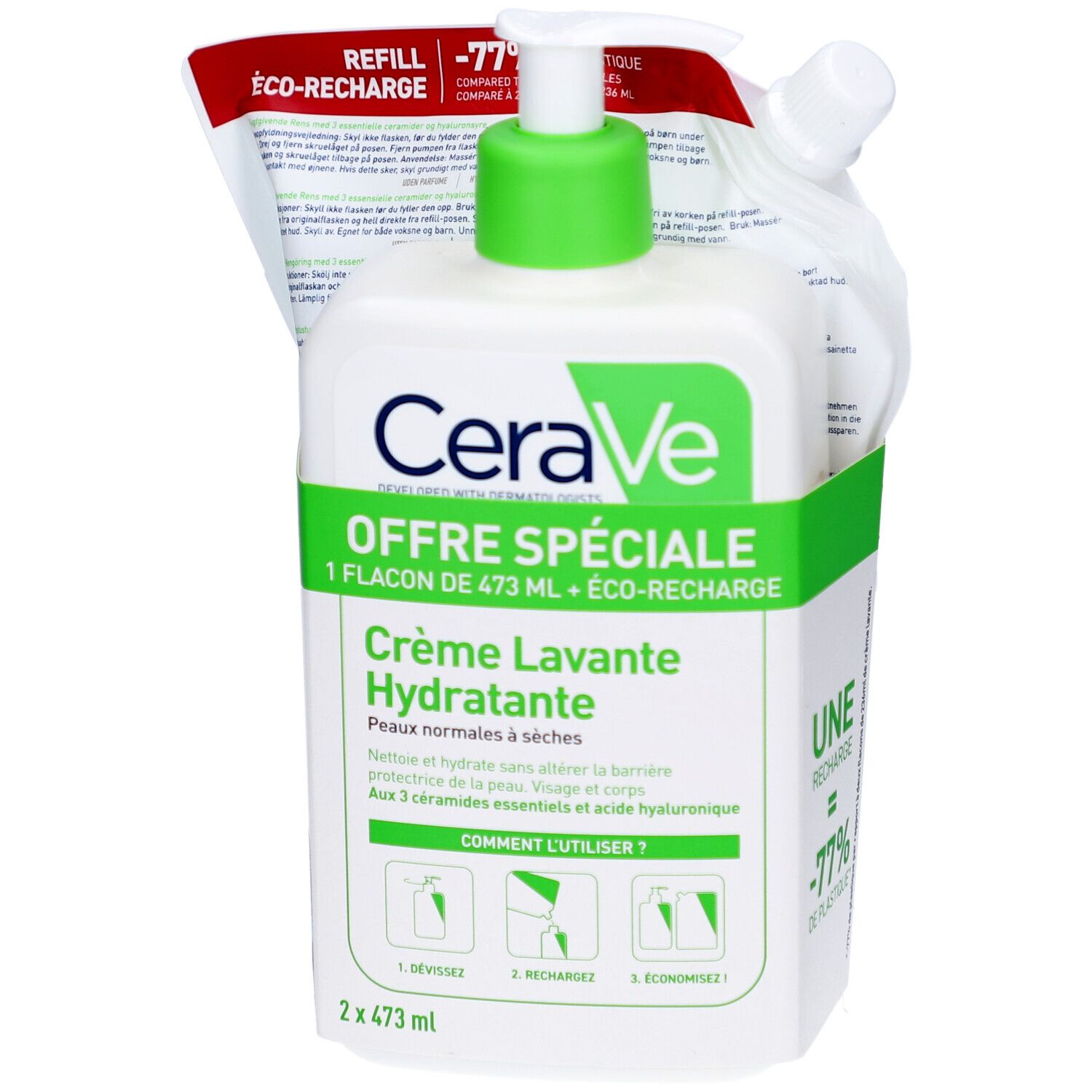 CeraVe Crème Lavante Hydratante et recharge. Flacon pompe et recharge. Accents verts et rouges.
