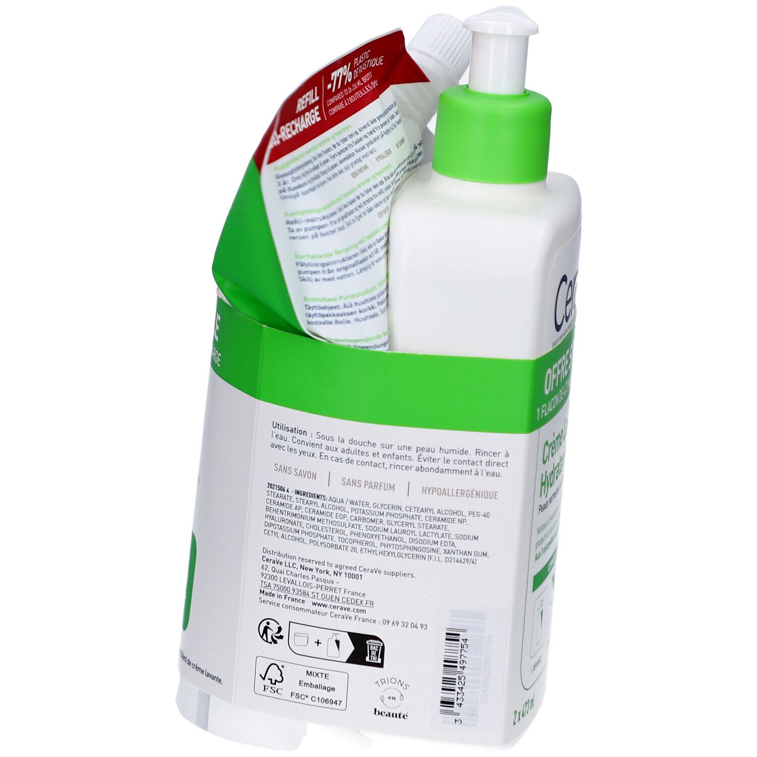 CeraVe Crème Lavante Hydratante et recharge. Dos du flacon avec texte. Accents verts et rouges.