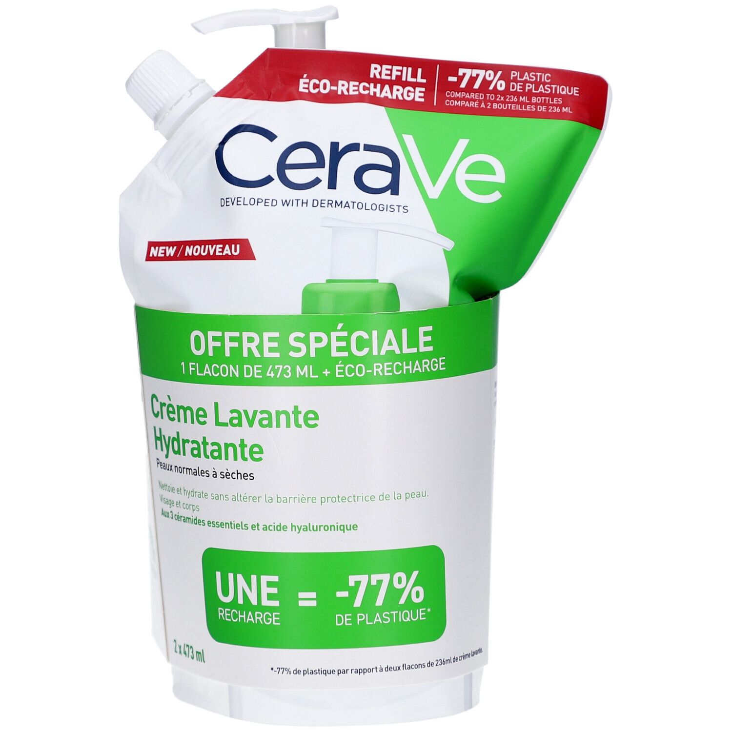CeraVe Crème Lavante Hydratante et recharge. Flacon blanc avec pompe, emballage vert et rouge.