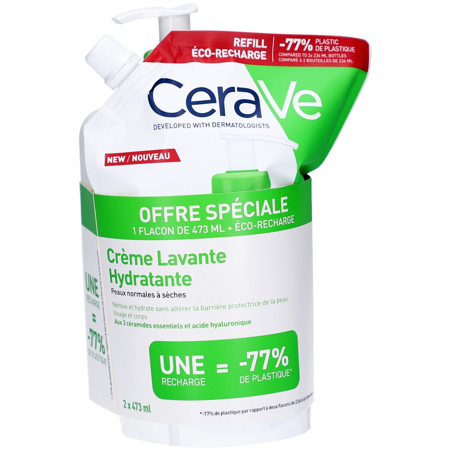 CeraVe Crème Lavante Hydratante et recharge. Flacon blanc avec pompe, emballage vert et rouge.