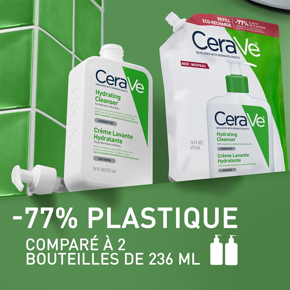 Flacon et recharge blancs. Texte: CeraVe, Hydrating Cleanser, Crème Lavante Hydratante. Sur fond vert.