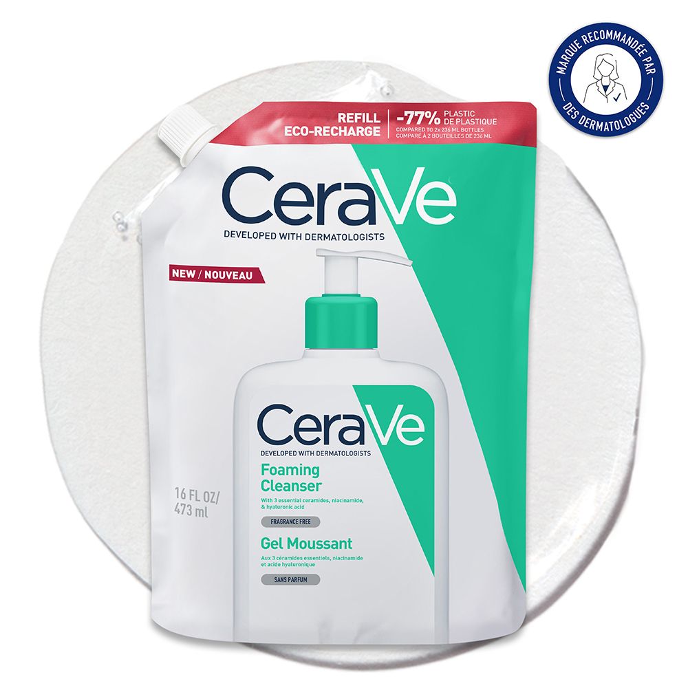 CeraVe Gel Moussant et recharge. Flacon blanc avec pompe, accents verts. Recharge avec accent vert.