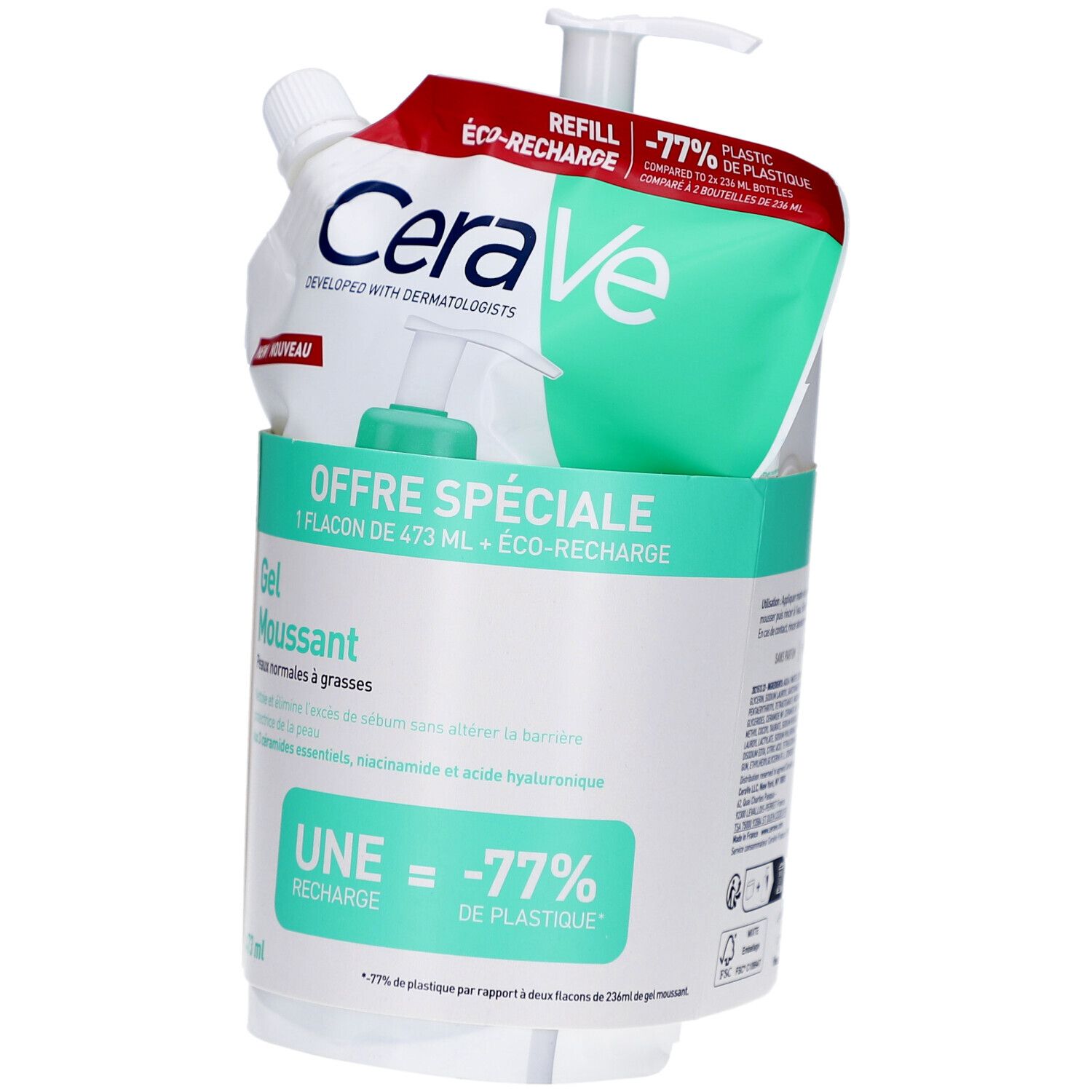 Recharge CeraVe. Sachet blanc avec texte vert. Boîte verte avec informations produit. Offre spéciale. Gel moussant.