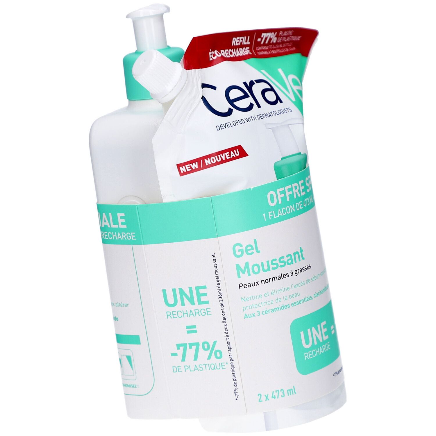 Flacon CeraVe et recharge dans une boîte. Flacon avec pompe. Emballage vert et blanc. Offre spéciale. Eco-recharge.