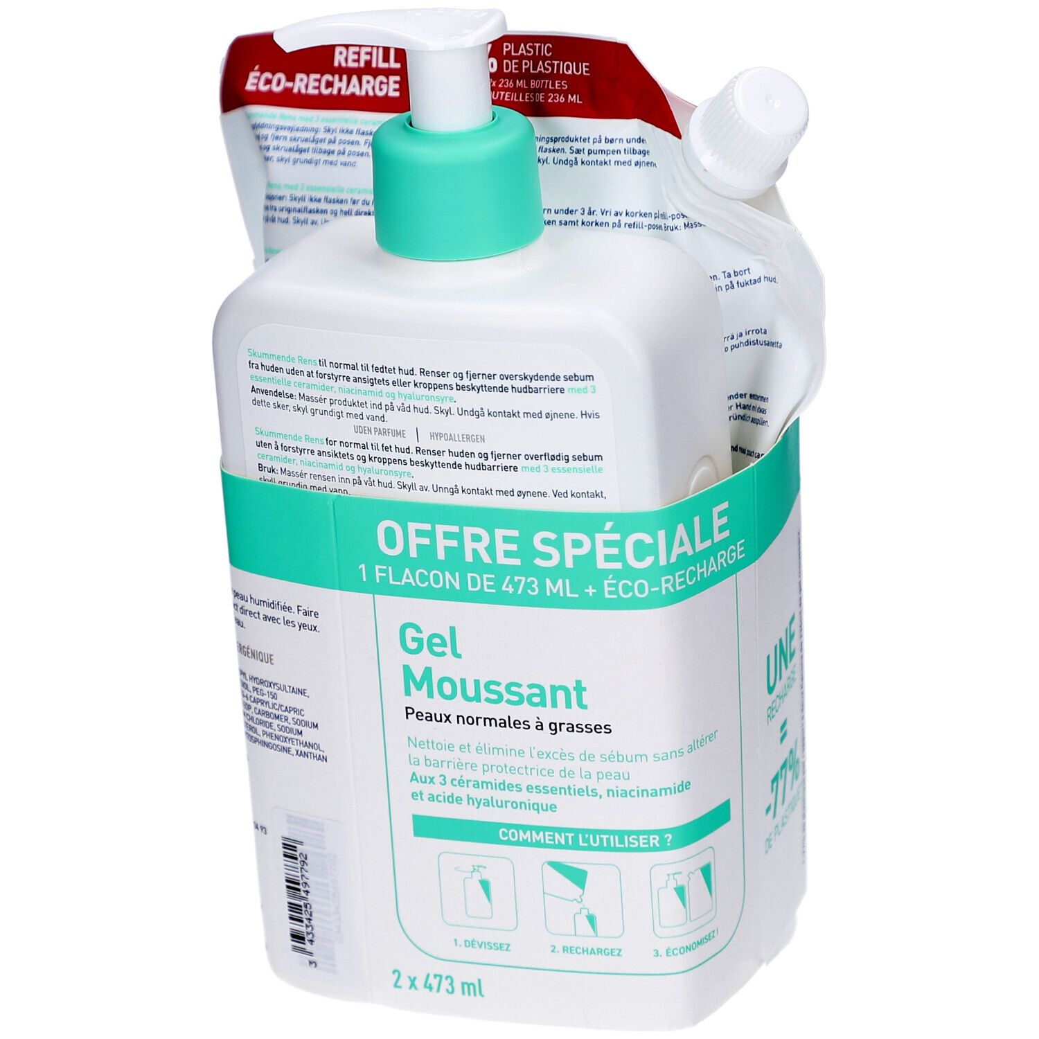 Flacon CeraVe et recharge dans une boîte. Flacon avec pompe. Emballage vert et blanc. Offre spéciale. Eco-recharge.