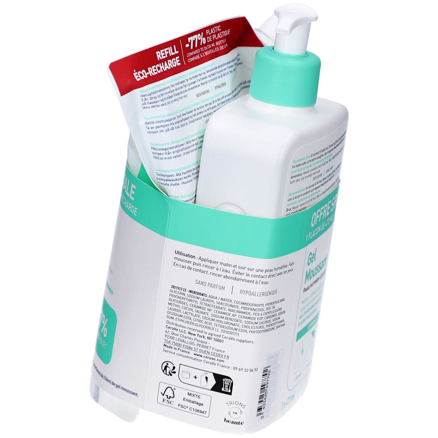 Flacon CeraVe et recharge dans une boîte. Flacon avec pompe. Emballage vert et blanc. Offre spéciale. Eco-recharge.