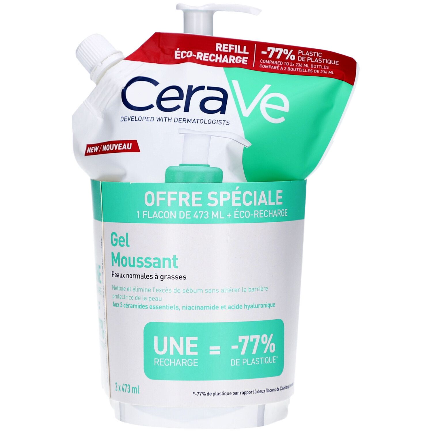 Flacon CeraVe et recharge dans une boîte. Flacon avec pompe. Emballage vert et blanc. Offre spéciale. Eco-recharge.