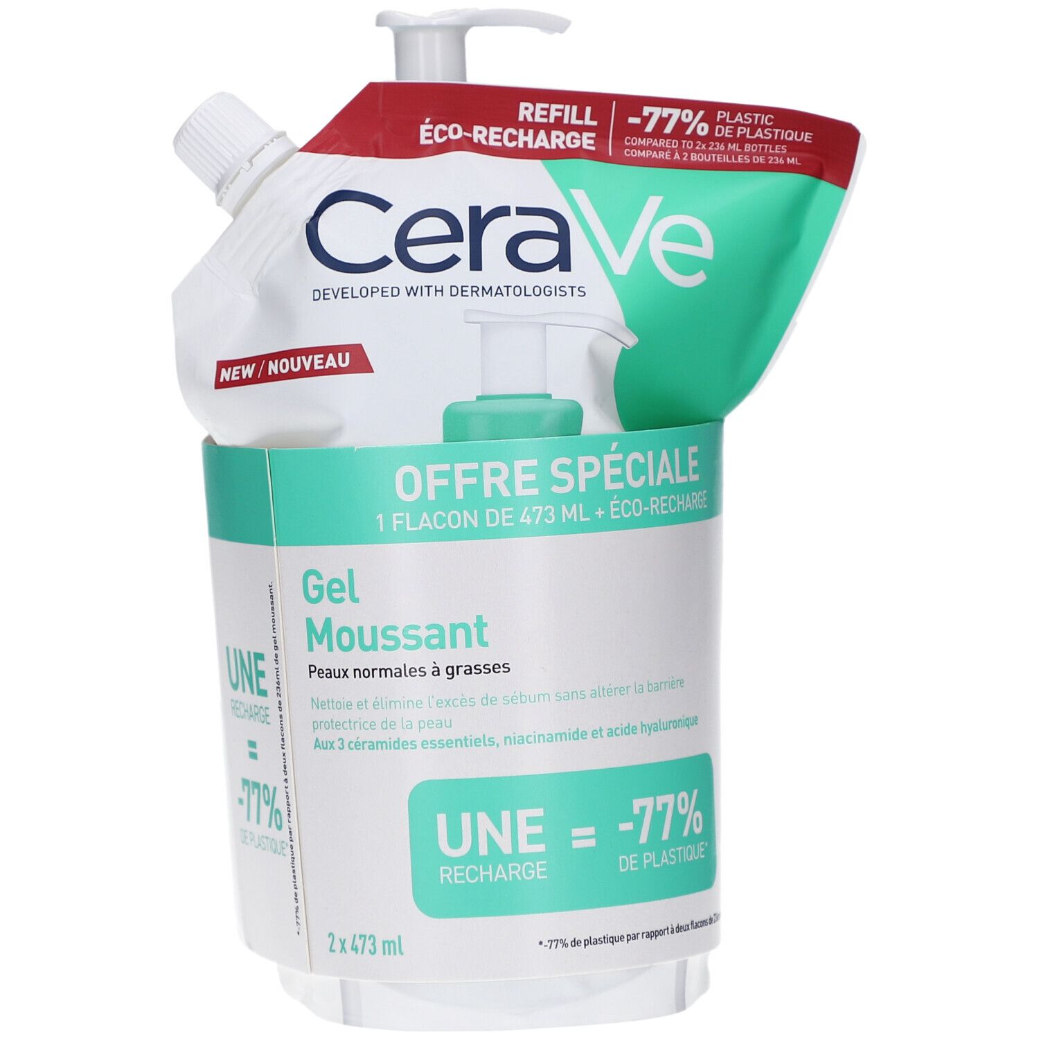 Flacon CeraVe et recharge dans une boîte. Flacon avec pompe. Emballage vert et blanc. Offre spéciale. Eco-recharge.