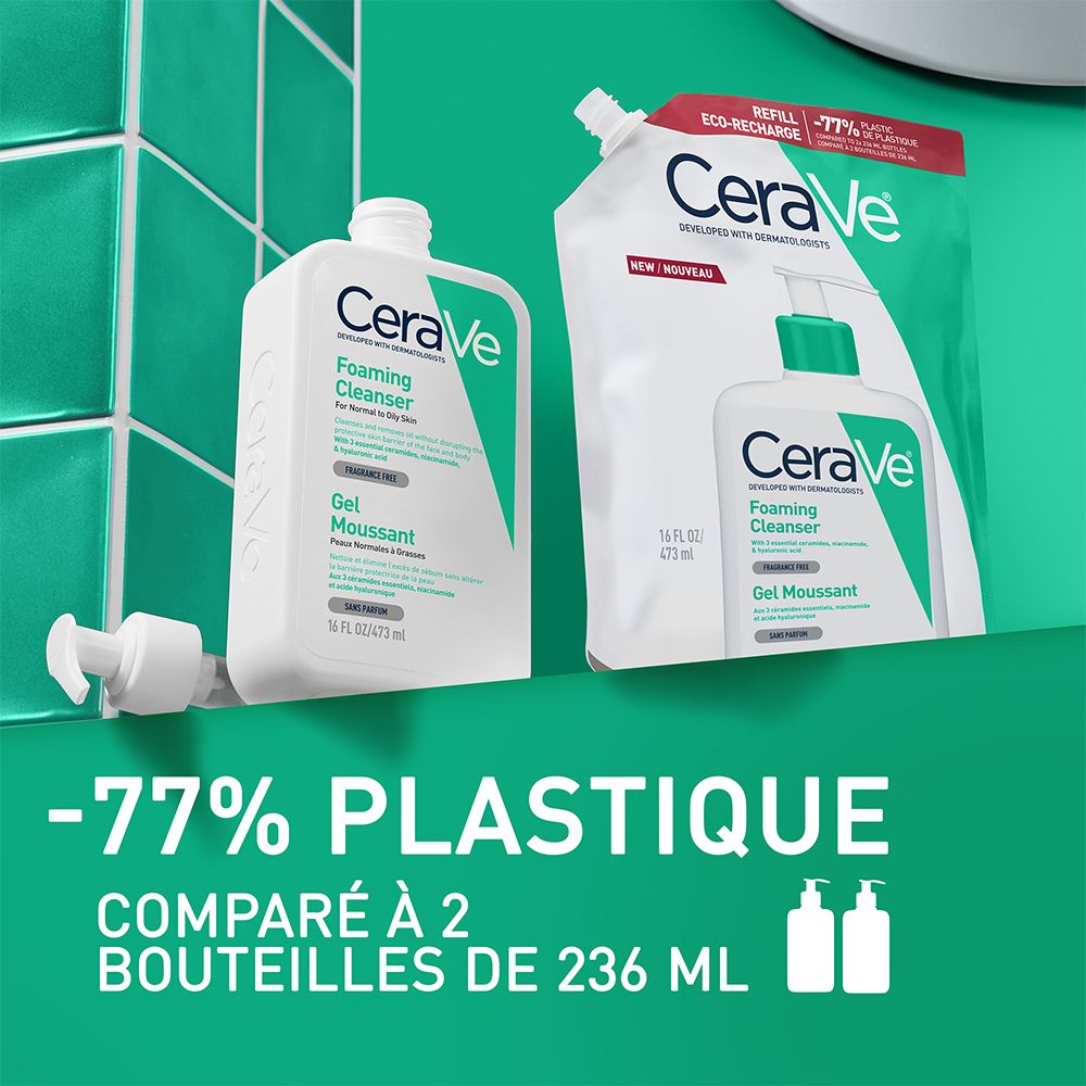 CeraVe Gel Moussant et recharge. Bouteille et recharge. Texte: -77% PLASTIQUE. Fond vert.