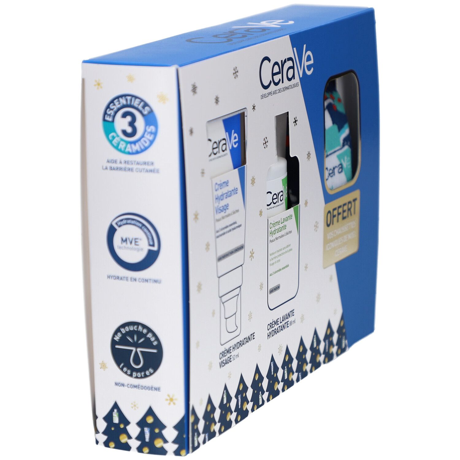 Vue latérale du coffret cadeau CeraVe. Contient crème, nettoyant et serviette. Texte: 3 céramides, MVE, non comédogène.