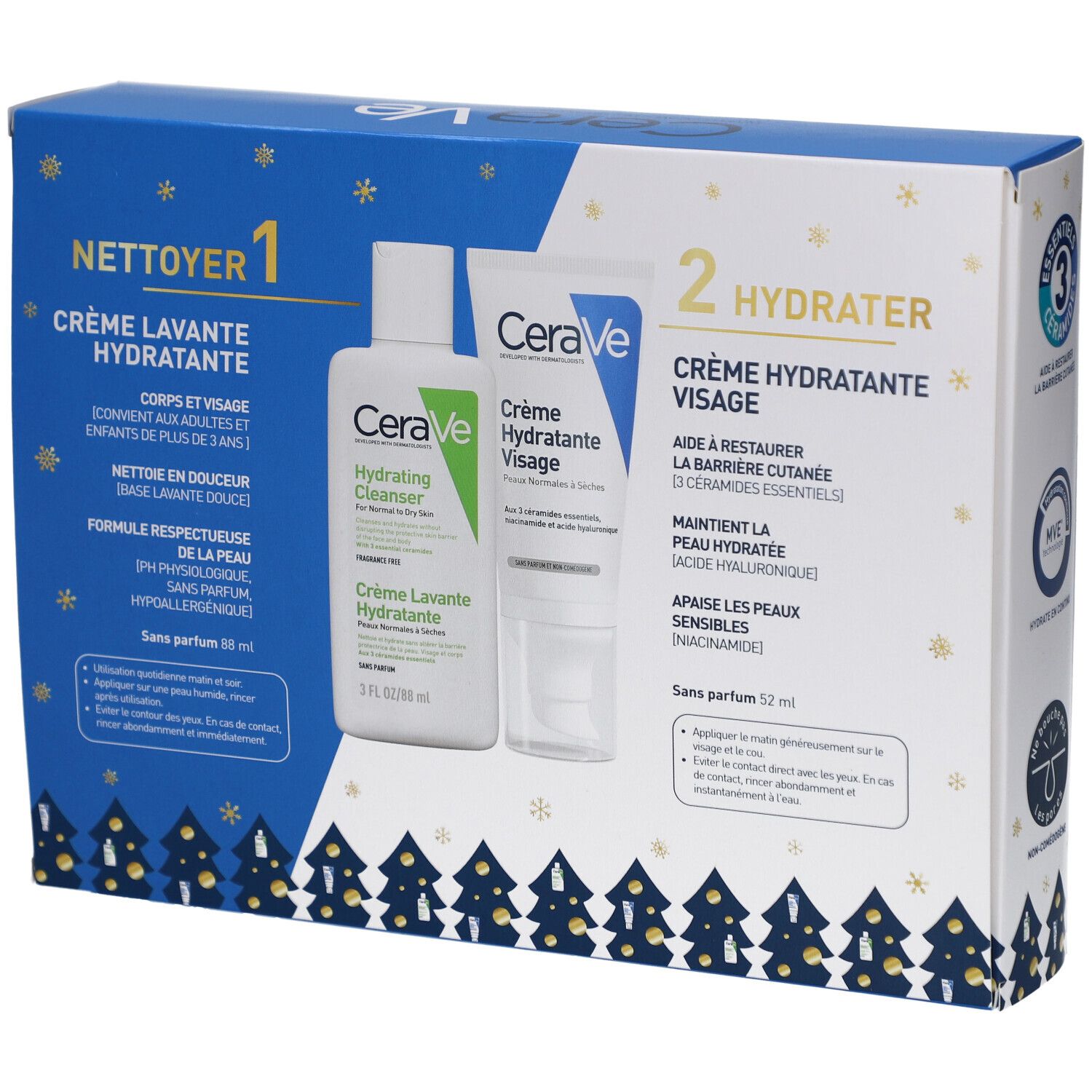 Coffret cadeau CeraVe avec crème et nettoyant. Texte: Nettoyer, Hydrater. Contient crème et nettoyant. Texte: CeraVe.