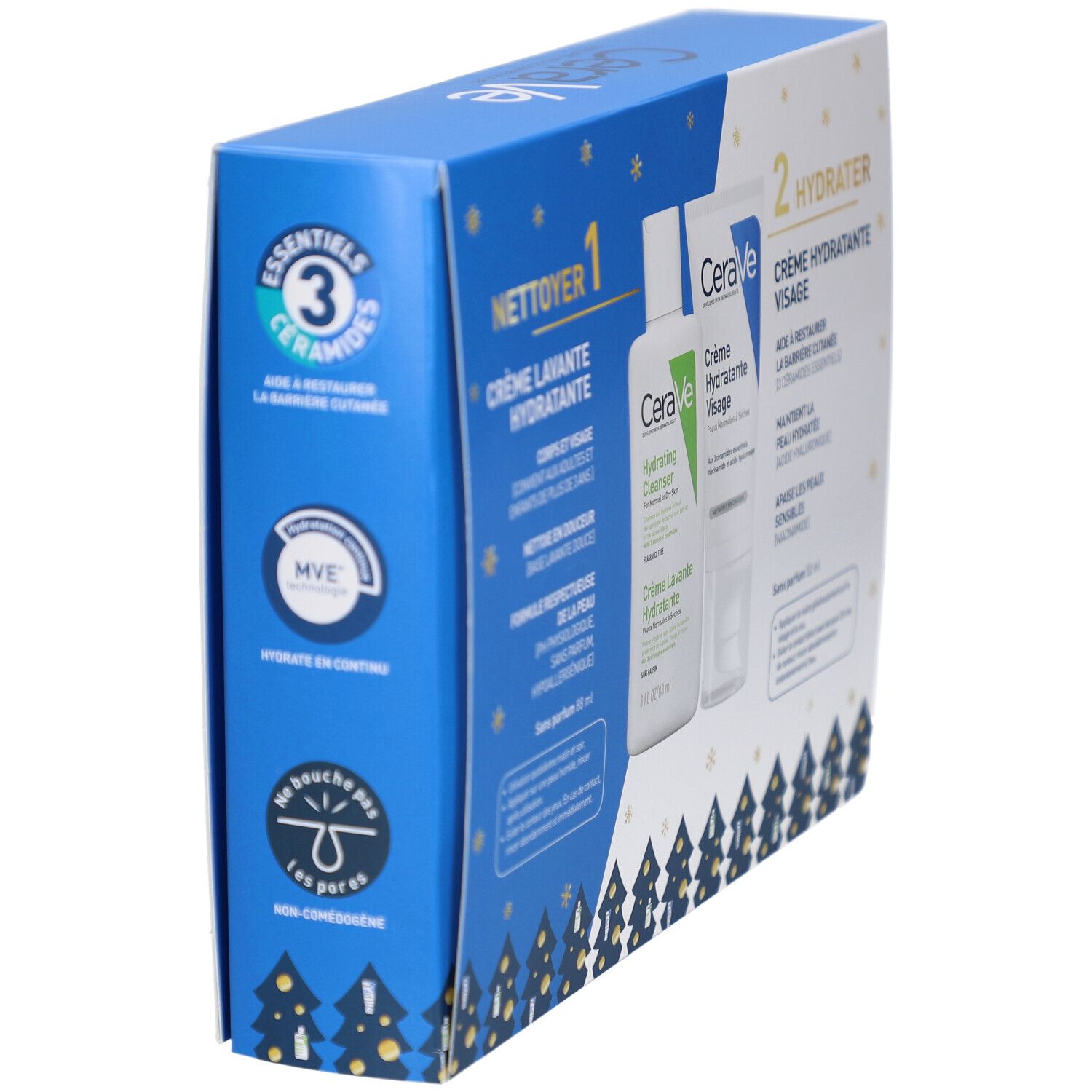 Vue latérale du coffret cadeau CeraVe avec crème et nettoyant. Texte: 3 céramides, MVE, non comédogène.