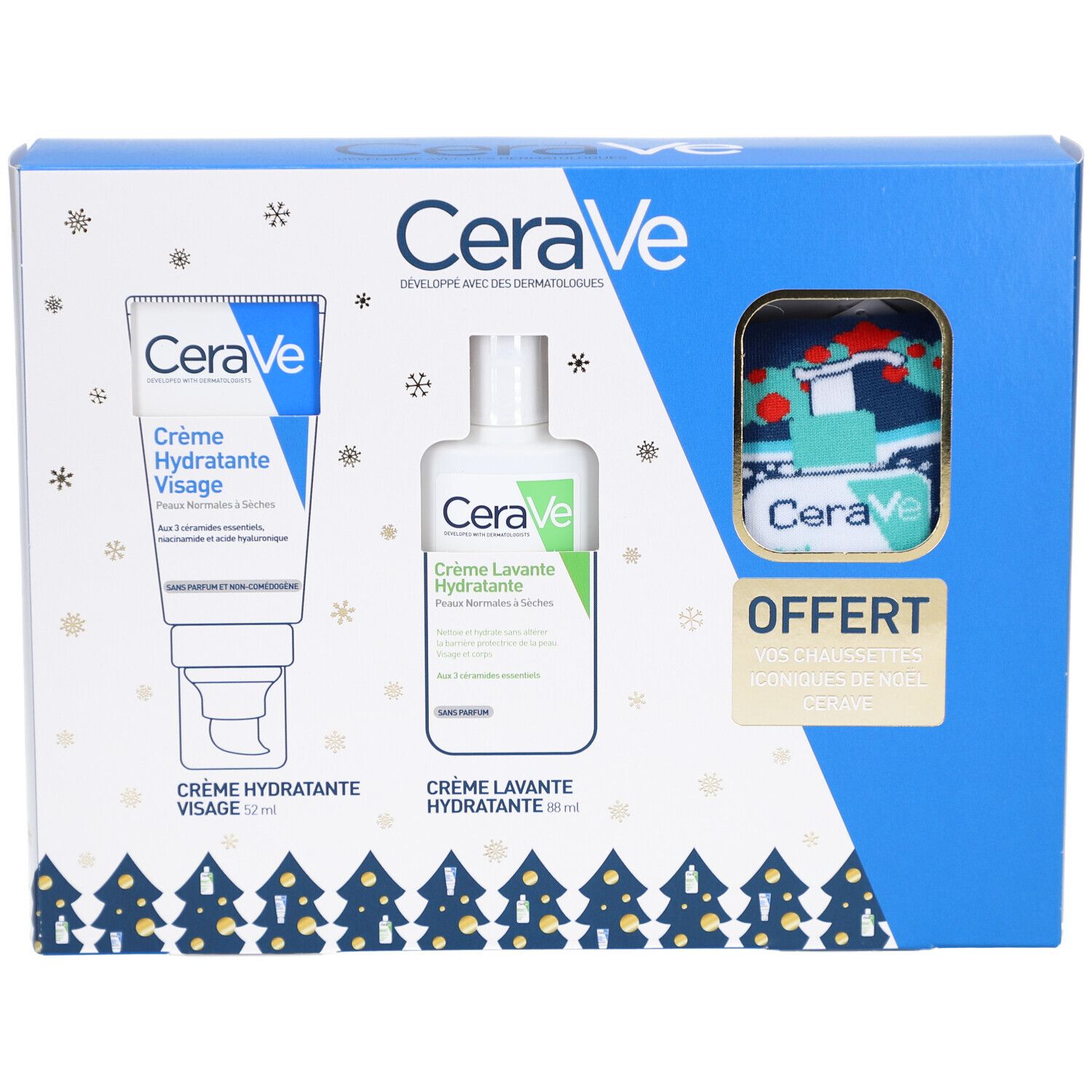 Coffret cadeau CeraVe avec crème, nettoyant et serviette. Texte: CeraVe, crème, nettoyant. Serviette imprimée.